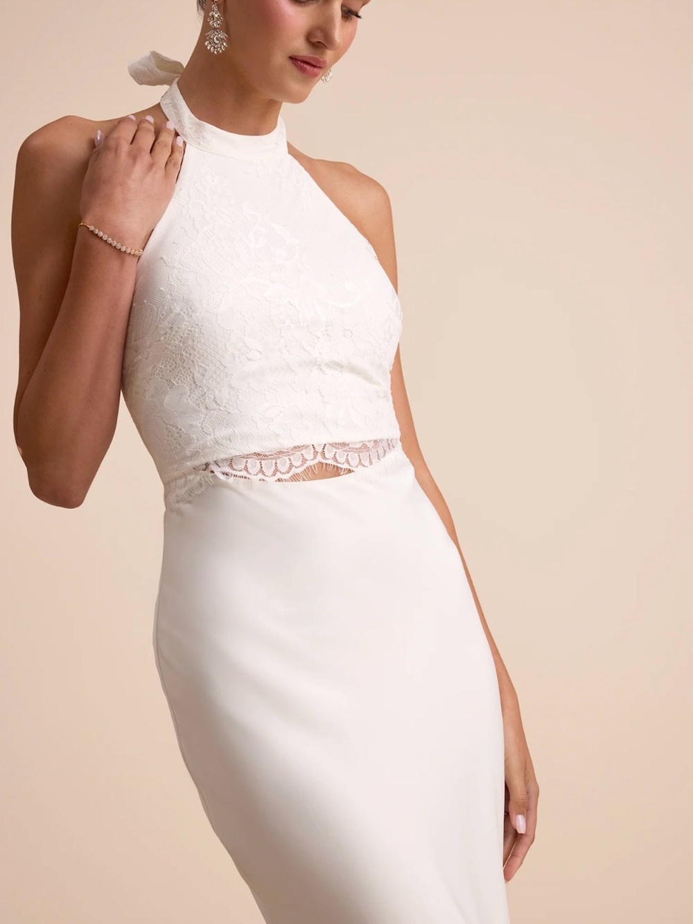 Lulu's Atenea White Lace Cutout Halter Mermaid Maxi Dress